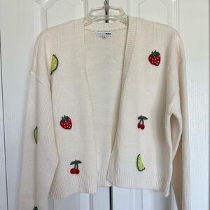 Fashion Nova Cream Open-Front Cardigan with Fruit Appliqués